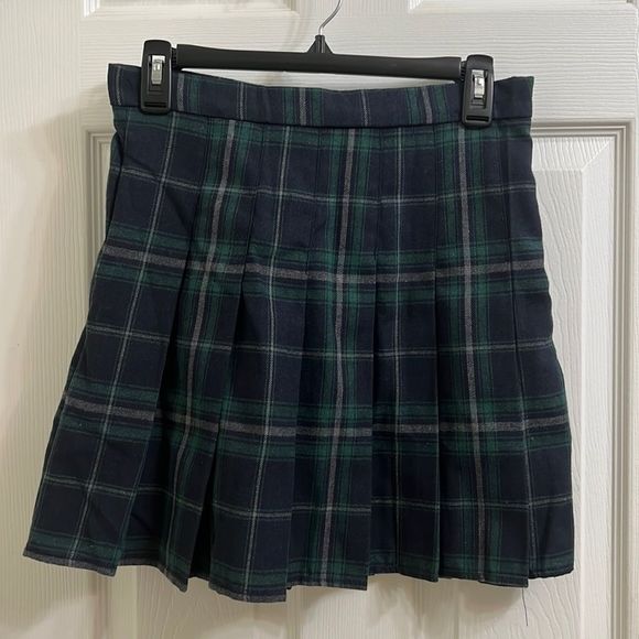 Shein Navy Green Plaid Pleated Skirt Size Medium - Picture 1 of 4